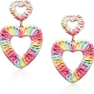 Double Heart Statement Lover Earrings, Trendy Summer Rattan Dangle  Earring,